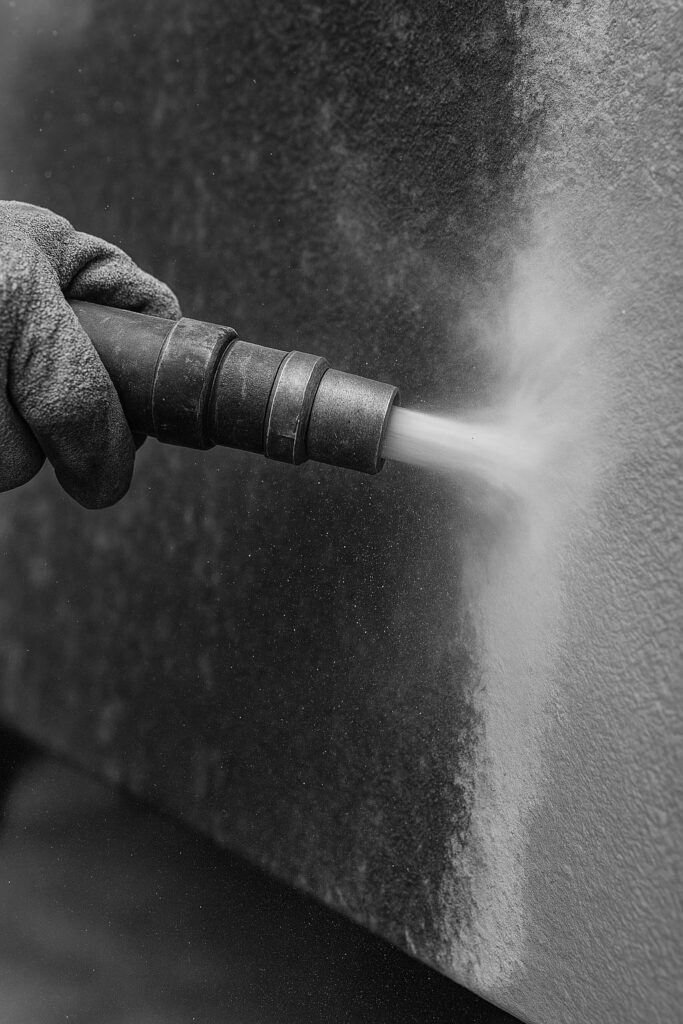 Close-up of sandblasting nozzle removing rust and paint from metal