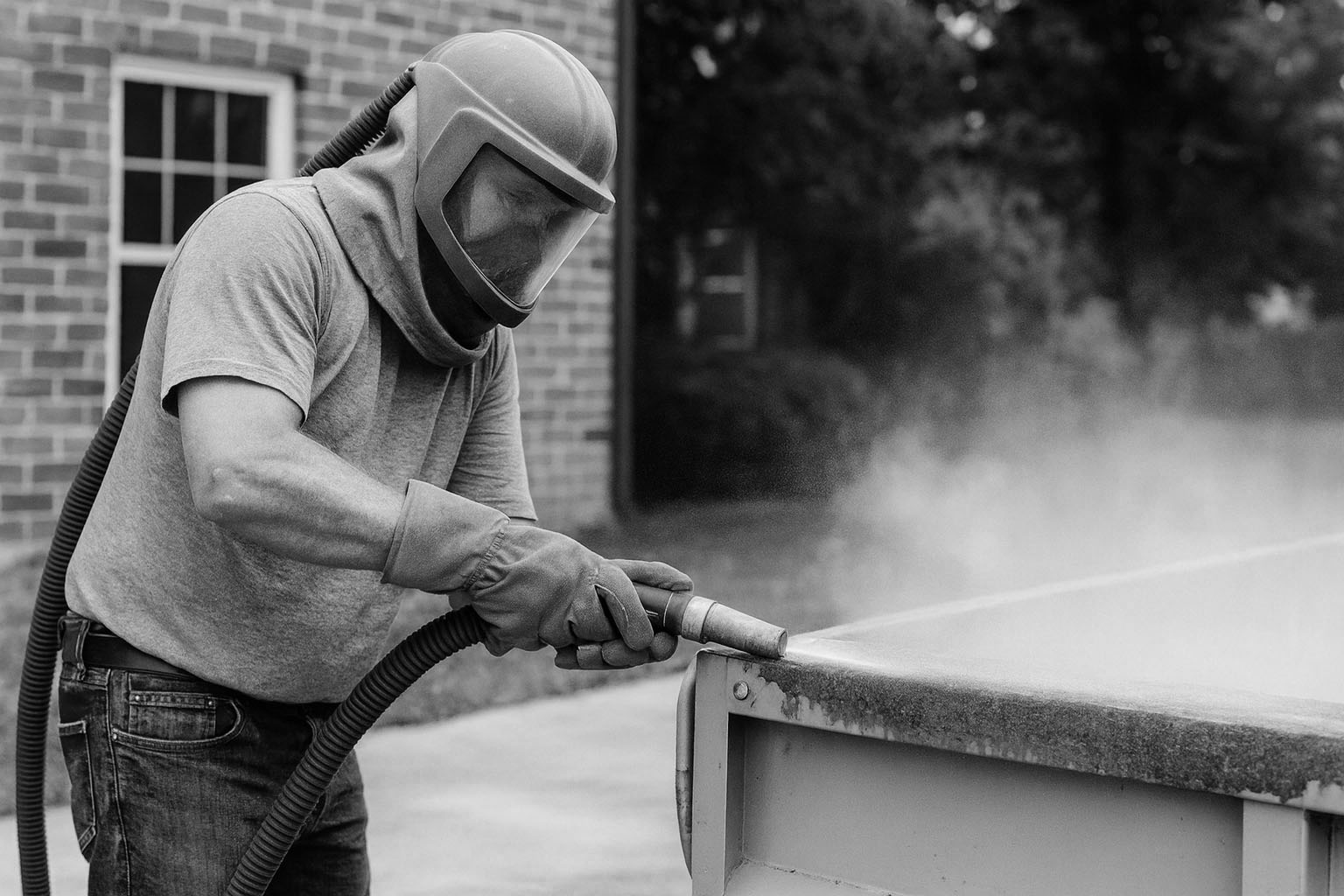 Worker sandblasting metal surface – residential and commercial paint removal South Florida