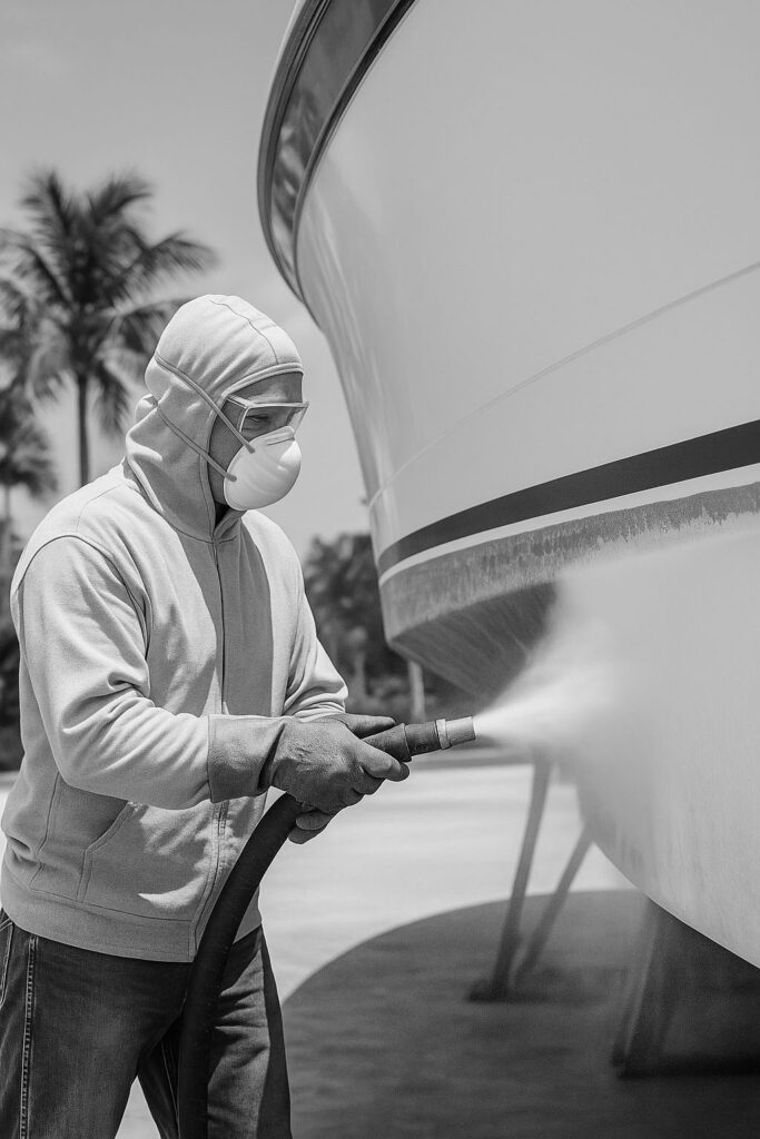 Worker sandblasting a boat hull in Pompano Beach, South Florida