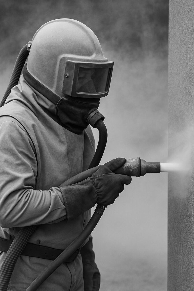 Worker sandblasting concrete surface in Pompano Beach